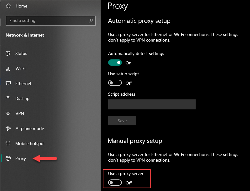 Proxy settings in Windows.