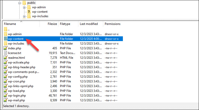 Opening the wp-content folder using a FTP client.