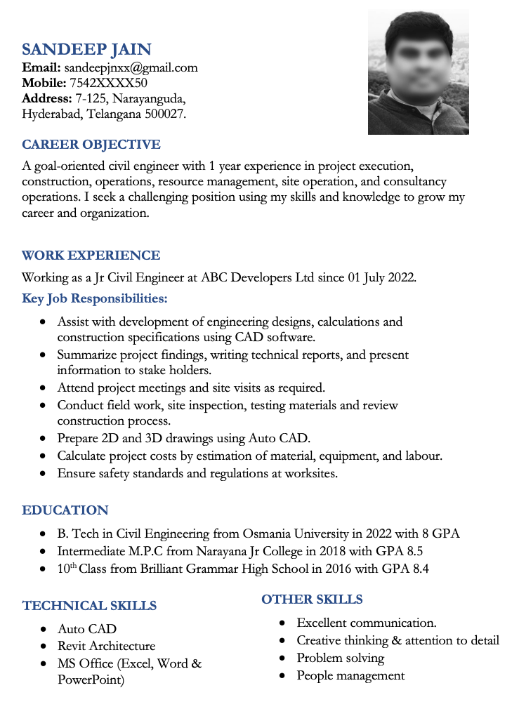 1 year experience resume format for Civil Engineer