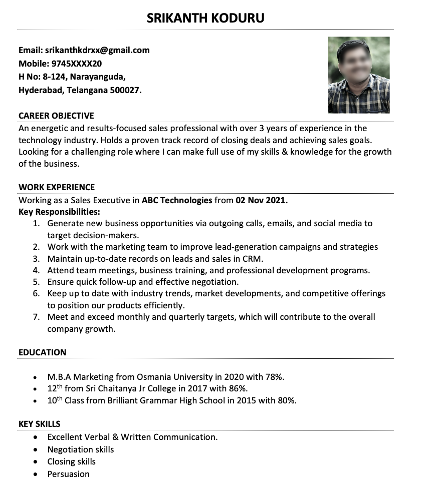 Sample Sales Executive Resume Format