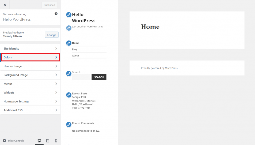 The WordPress Customizer highlighting the Colors section