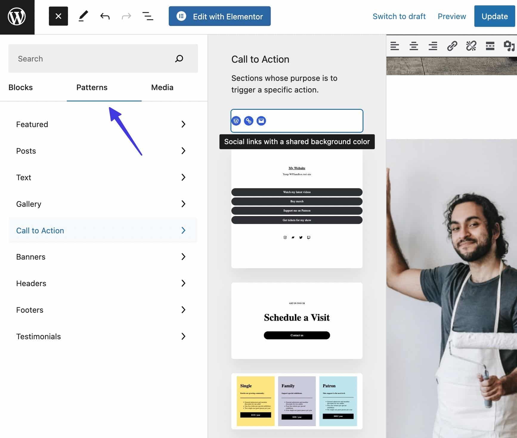 Using Elementor patterns.