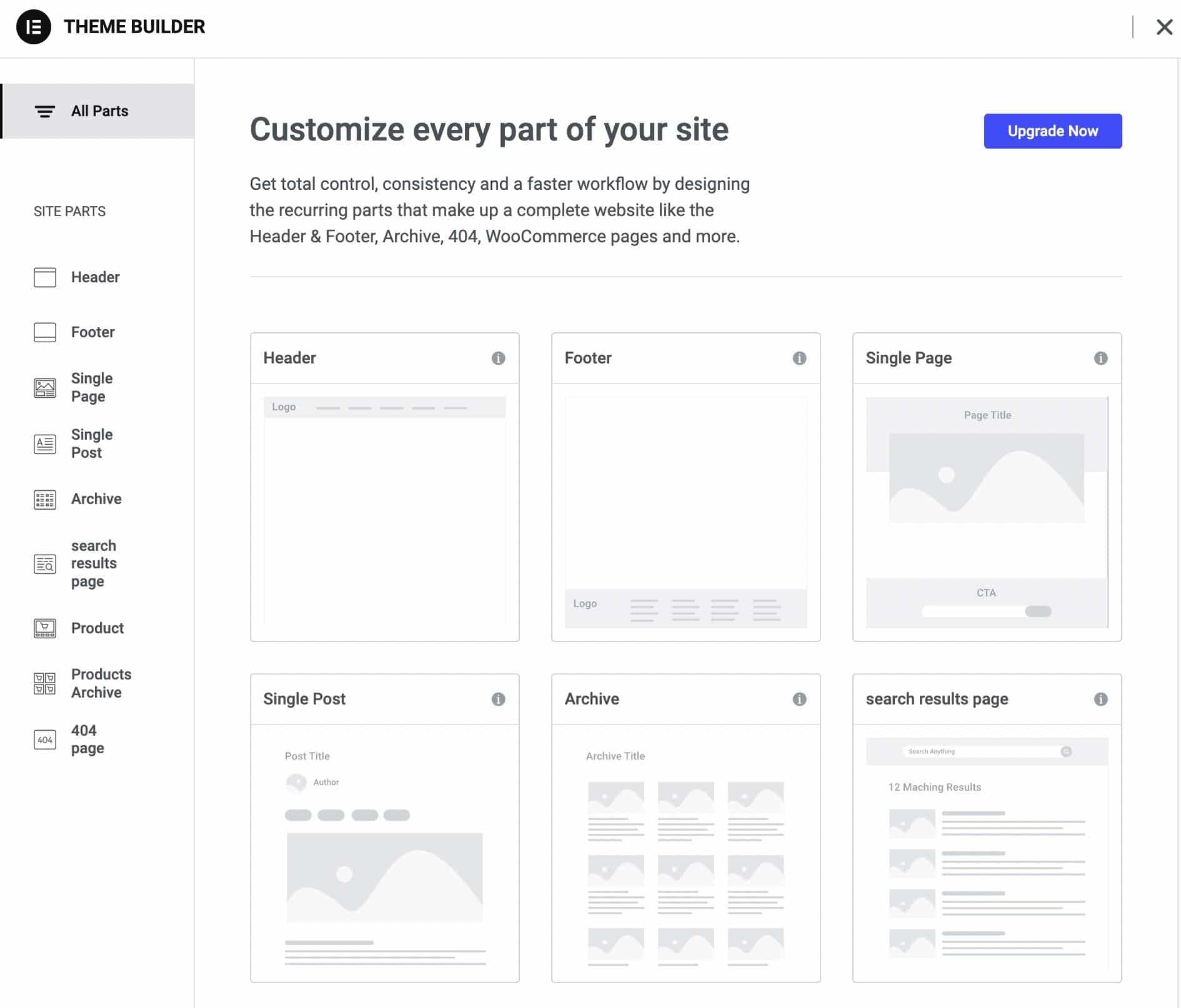 Elementor theme builder elements.