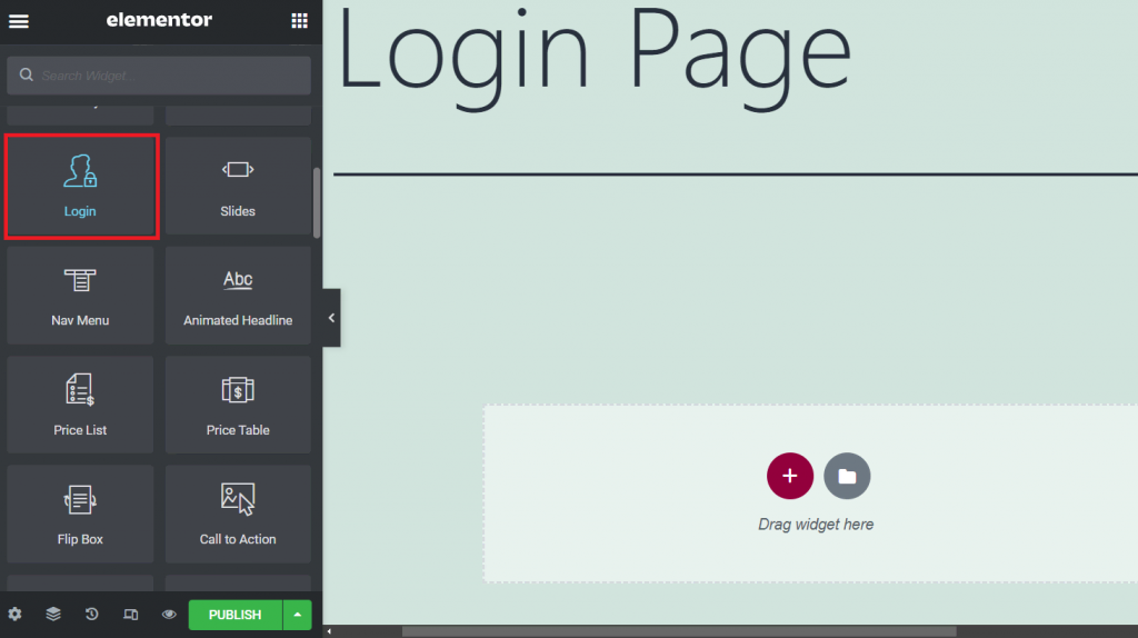 Elementor's login widget in the editor screen