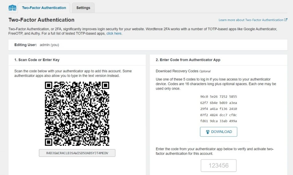 Wordfence security's 2FA setup screen