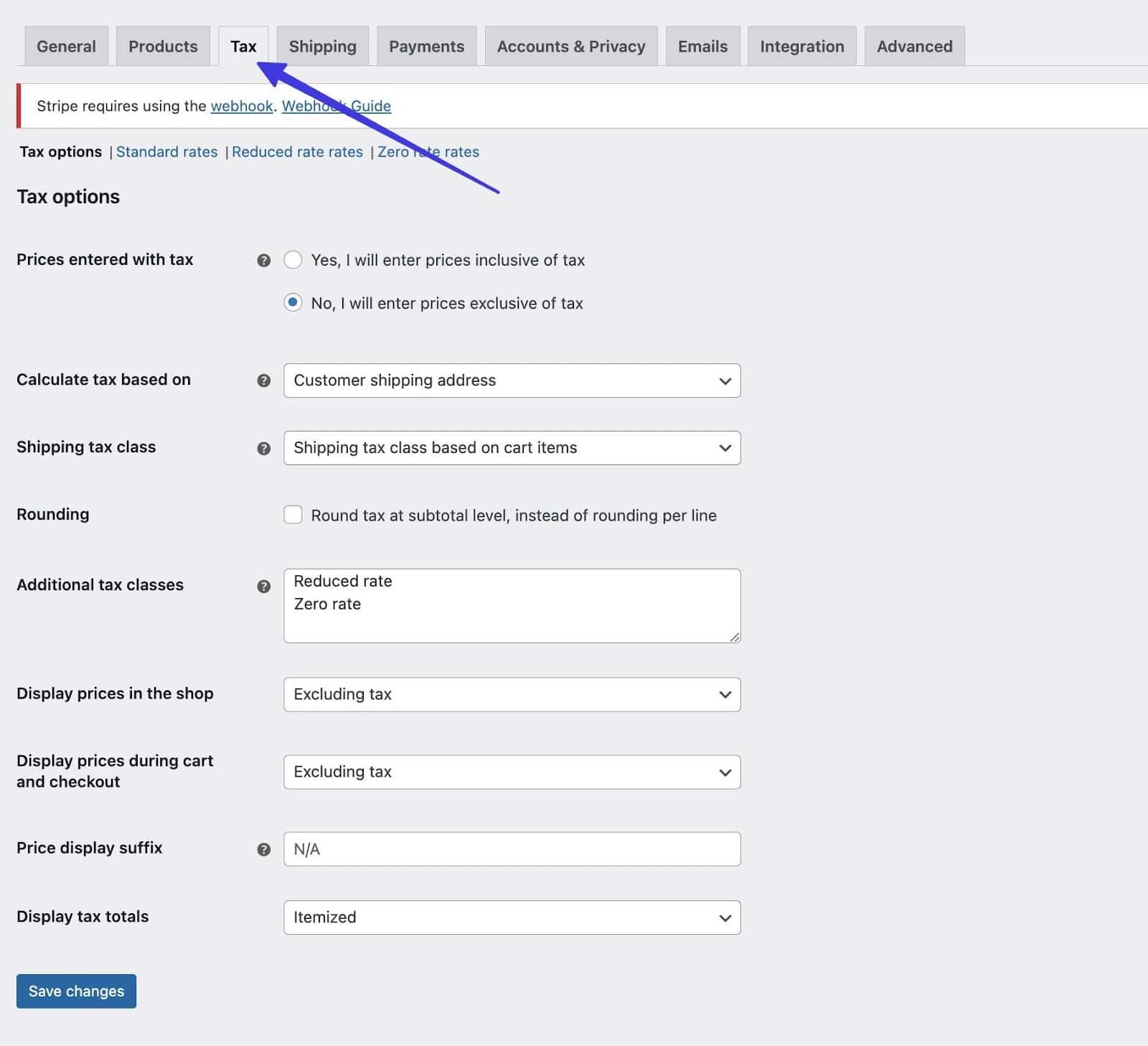 Selecting the Tax tab.