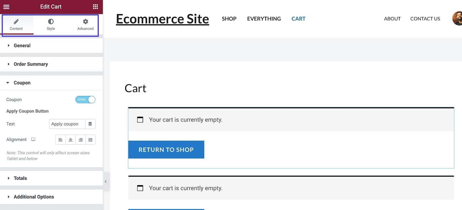Content, style, and advanced tabs.