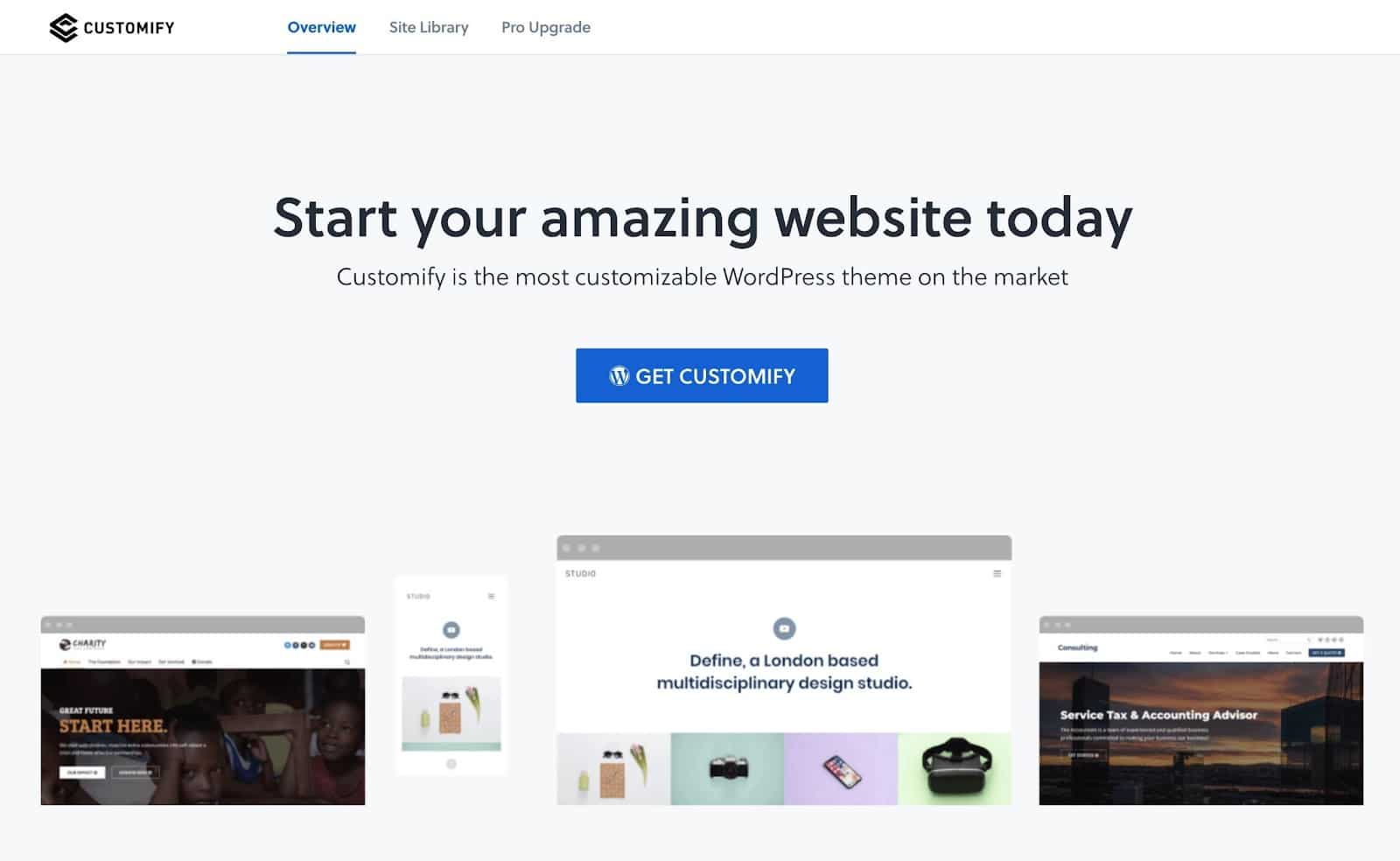 The Customify homepage.