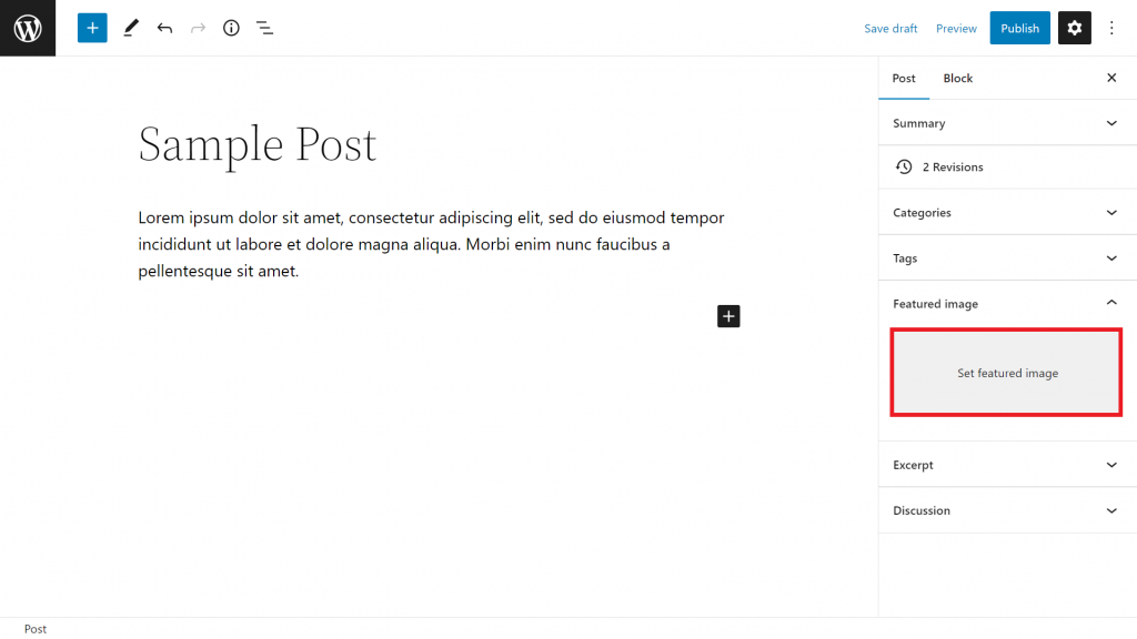 WordPress block editor highlighting the Set featured image area