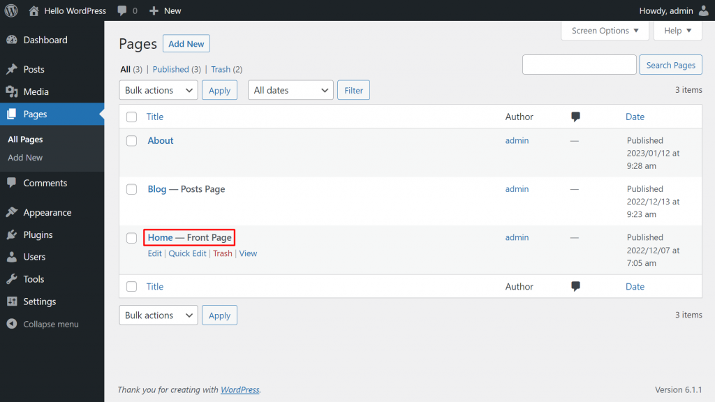 WordPress dashboard with the Home page highlighted