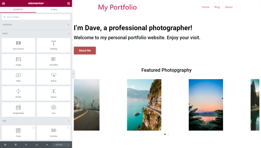 The Elementor editor showing the text and gallery elements
