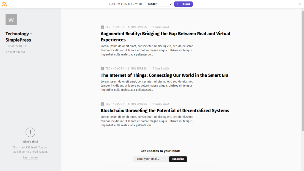 The RSS Feed Reader extension showing a website's RSS feed on the Technology category