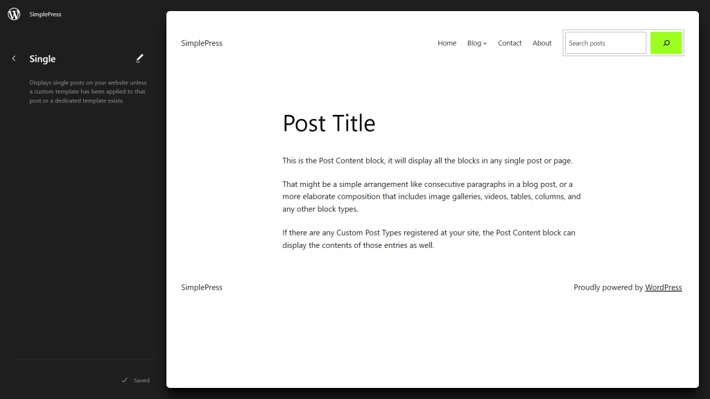 WordPress site editor showing the Single template