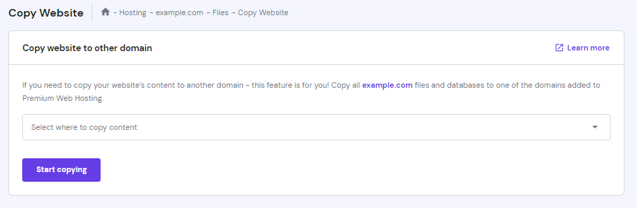 The Copy website page on hPanel