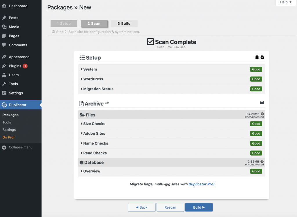 A completed scan by Duplicator during a new package creation process