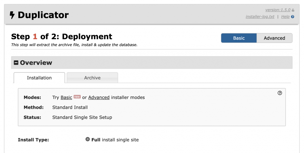 Step 1 of the Duplicator installer process with the Overview section displayed