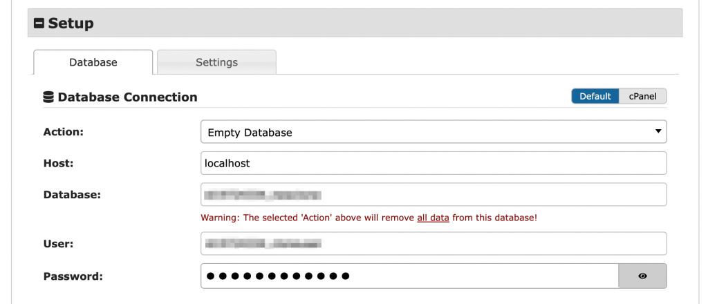 Enter database information, including hostname, database name, username, and password, during the Duplicator installation process