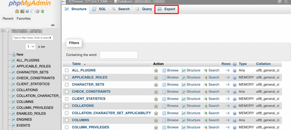The Export button highlighted as seen on phpMyAdmin