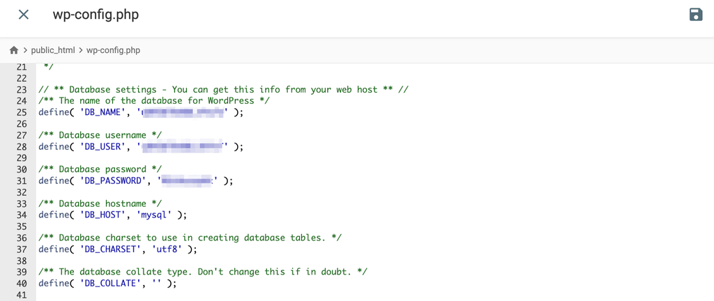 wp-config.php file opened via hPanel's built-in text editor