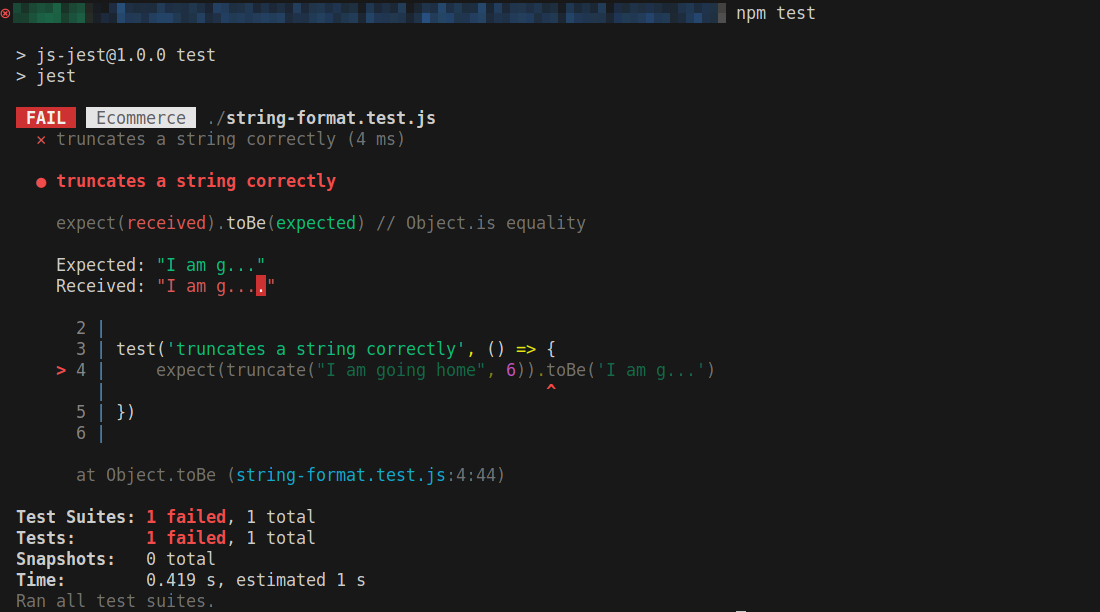 Jest test result showing failed for the