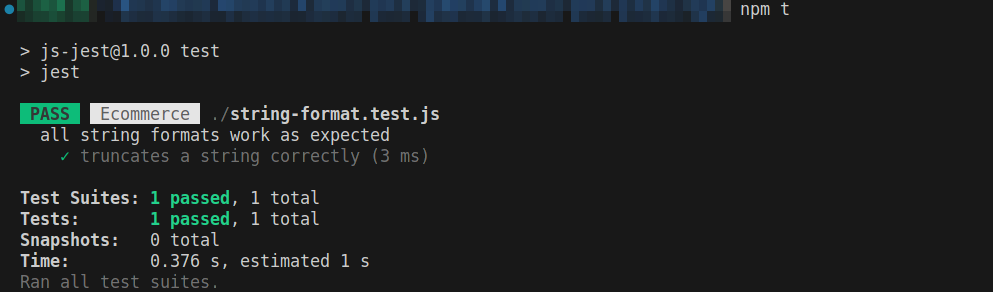 Jest test result showing passed for the