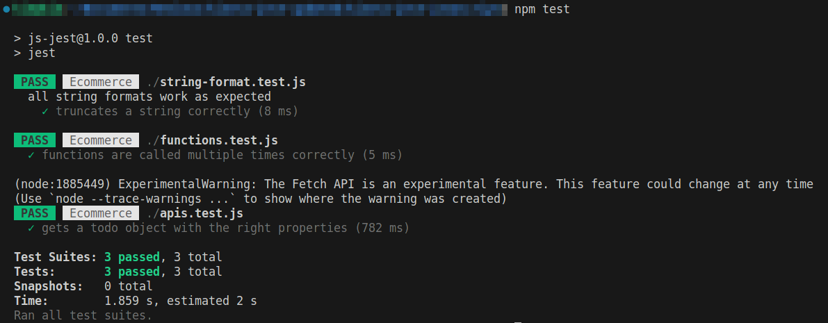 Jest test result showing passed for the three tests: