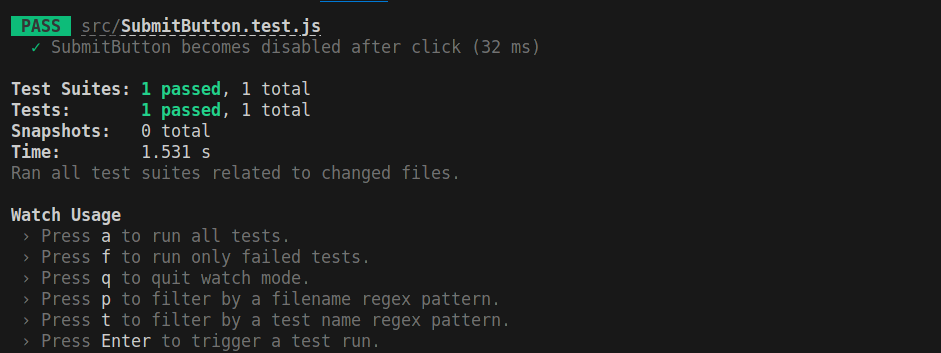 Jest test result showing passed for the four tests:
