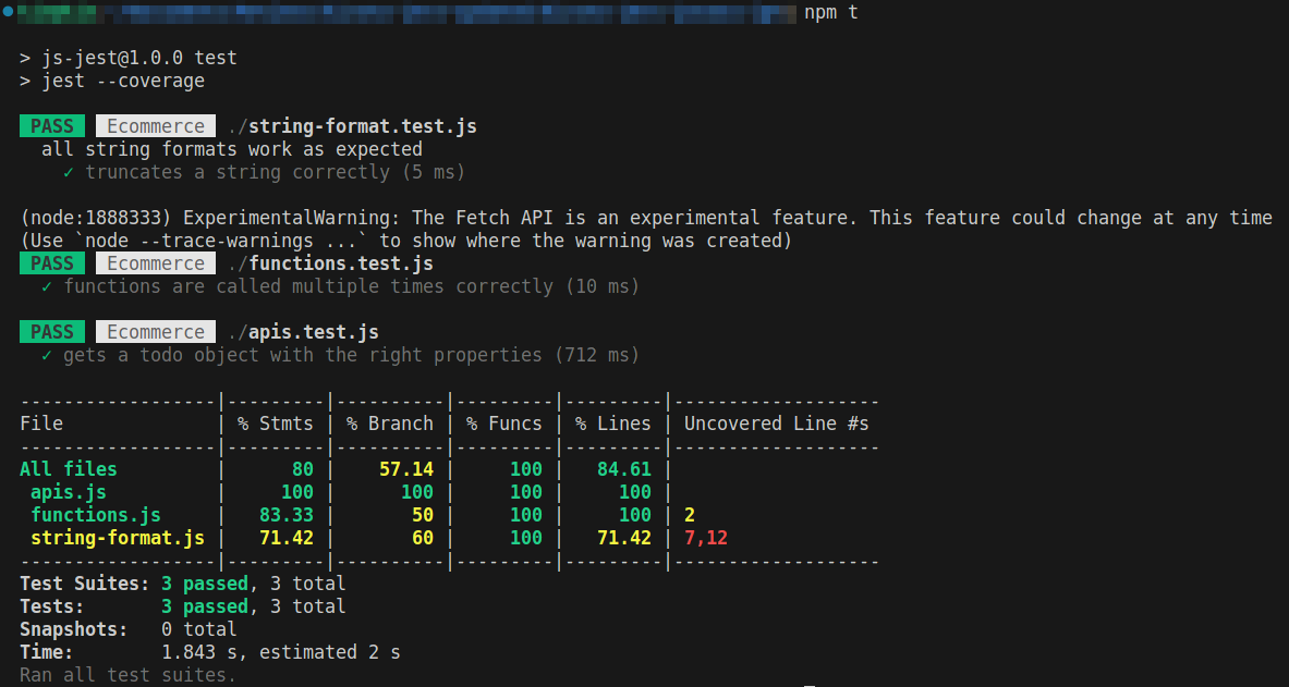 Jest test result showing coverage for the four tests. The result shows that