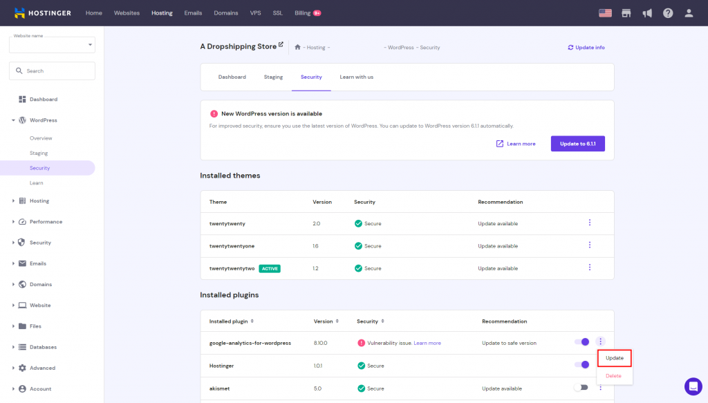 hPanel's Security page with the Update button highlighted.