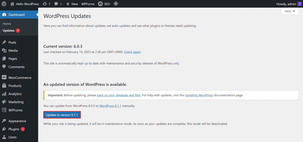 The WordPress Updates page with the Update to version button highlighted