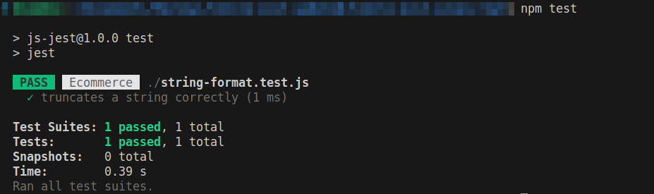 Jest test result showing passed for the