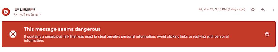 warning in google gmail about potential phishing