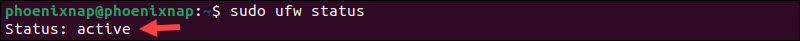 Checking the status of the ufw firewall in Ubuntu.