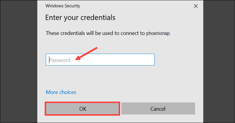 Enter the password for the Windows to Ubuntu RDP session.
