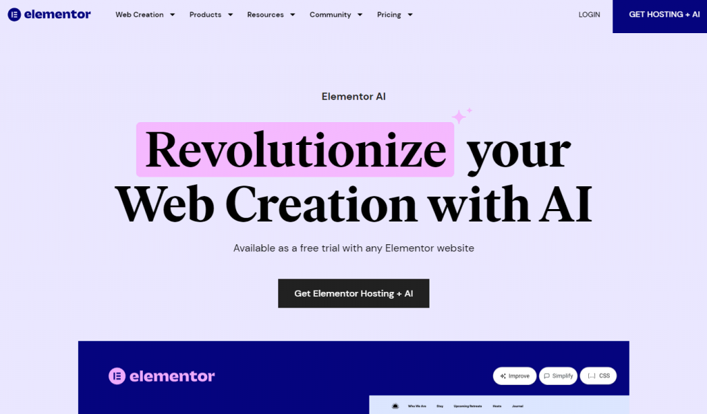 Elementor AI's landing page
