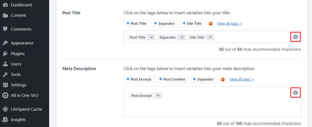 AIOSEO post title and meta description's text boxes with the robot icons highlighted