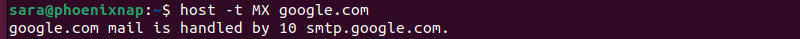 host -t mx terminal output