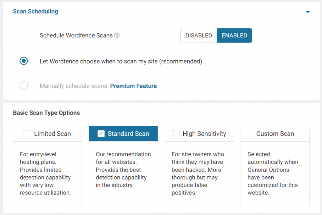 Scan scheduling settings on Wordfence