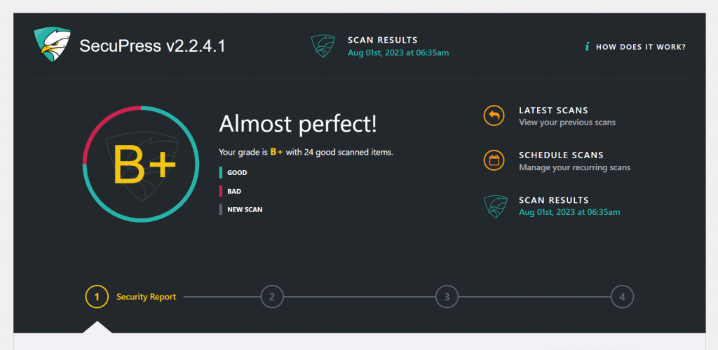 SecuPress's security report, showing the scan results