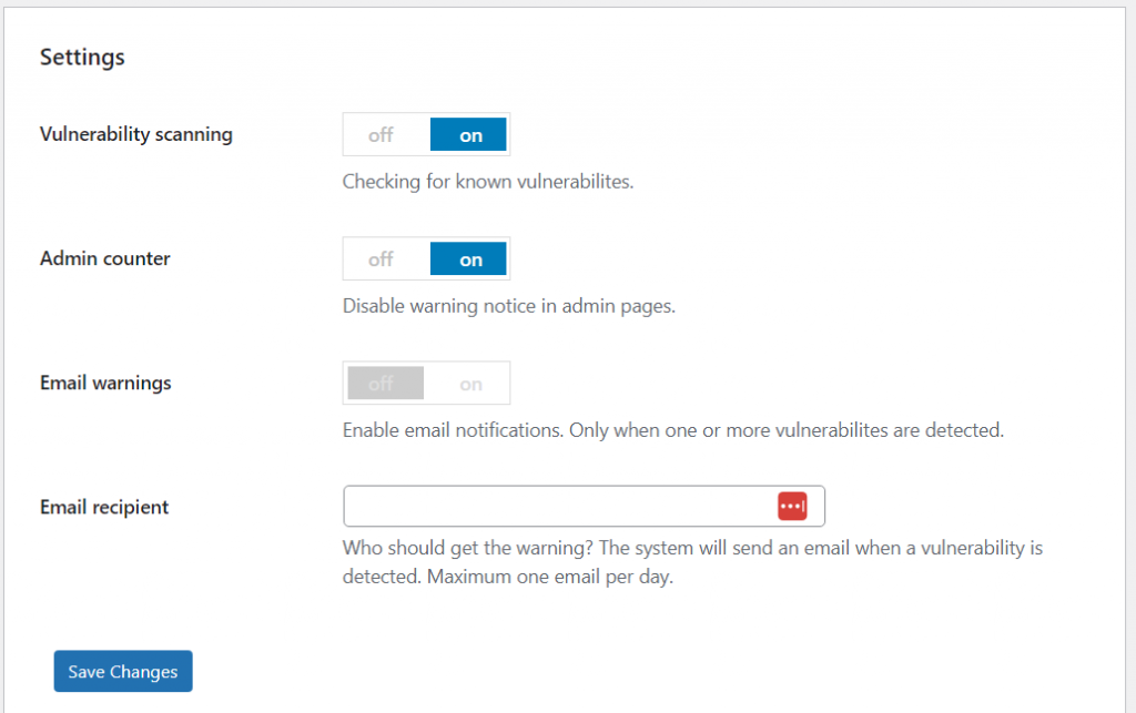 Vulnerability scan settings in Security Ninja