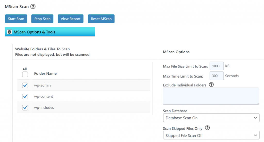 Scan settings in BulletProof Security