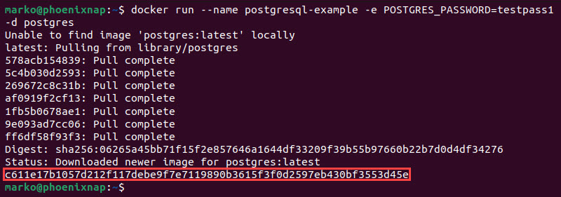 Running a PostgreSQL container in Docker using a CLI command.