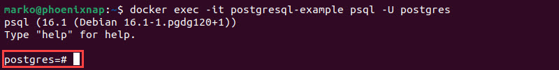 Command for connecting to Postgres in a Docker container.
