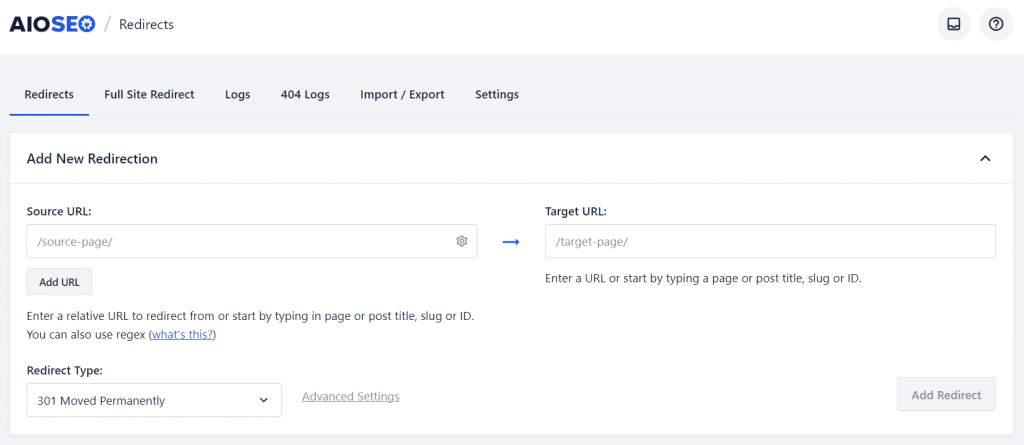 The Redirects feature of AIOSEO in the WordPress dashboard
