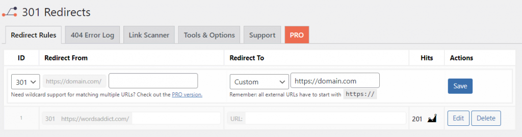 The 301 Redirects dashboard in WordPress