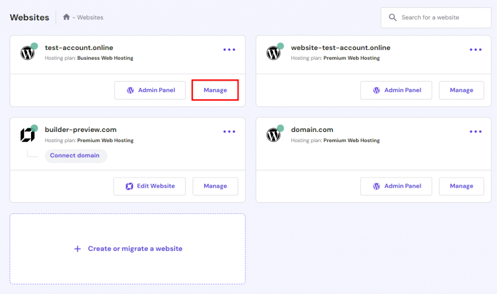 The Websites section in hPanel with the Manage button highlighted in red