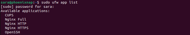Terminal output for sudo ufw app list