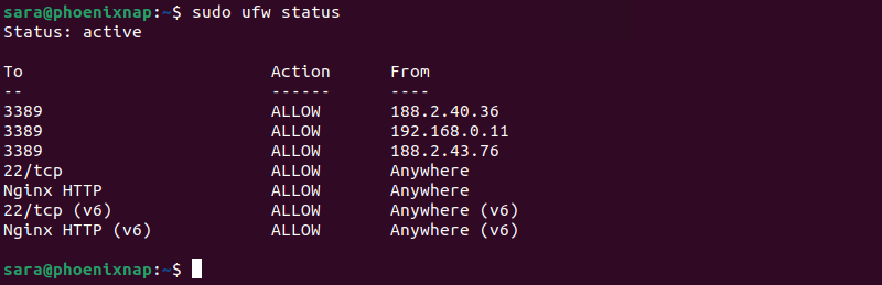 sudo ufw status terminal output