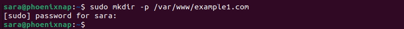 Terminal output for sudo mkdir -p /var/www/example1.com