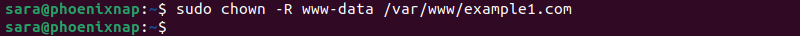 sudo chown -R www-data /var/www/example1.com terminal output